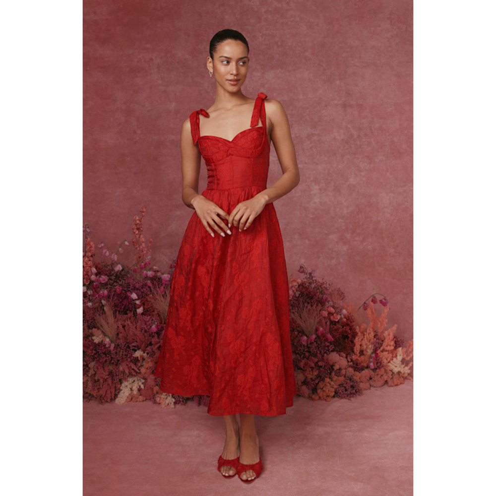 Lulus Loveliest Muse Red Burnout Floral Tie-strap Midi Dress - Size S